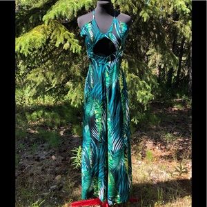 NEW Green Tropical Jungle Palm Print Wide Leg Tie Backless Jumpsuit Size S